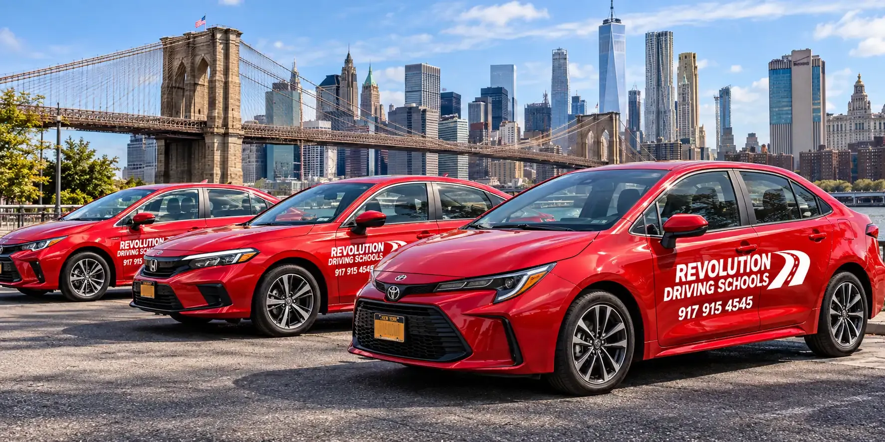 Revolution Driving Schools fleet of red cars near the Brooklyn Bridge in New York City
