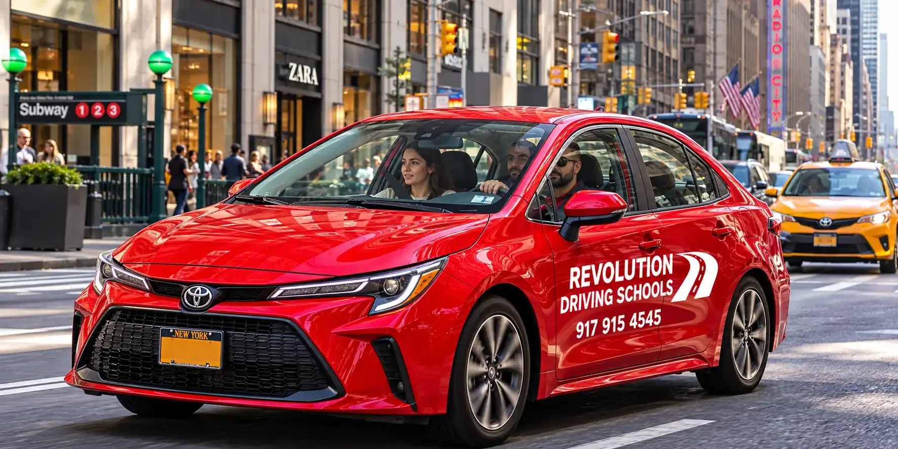 Red Revolution Driving Schools car driving through Midtown Manhattan in New York City