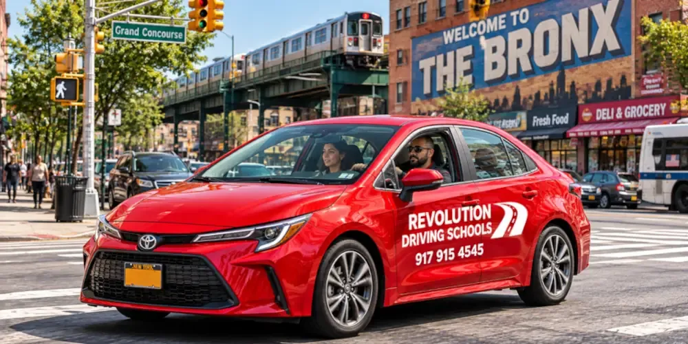 Revolution Driving Schools red car driving through the Bronx in New York City